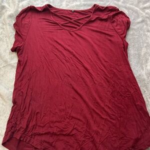Amazon Women's Maroon Short Sleeve Top with Crisscross Design